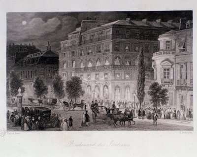 Paris'teki boulevard des Italians tiyatrolarının çevresinde animasyon. Gravür Eugene Louis Lami (1800-1890) 1843 Özel koleksiyon by Eugene Louis Lami