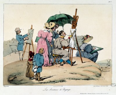Manzara severler. Sunulan ressamlar bir deniz manzarasını boyamak için yeniden gruplar. La vie de chateau kitabının çizimi by Eugene Louis Lami