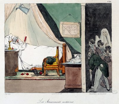 Gece eğlencesi. Çocuklar yatakta kitap okuyan bir insanı korkutmaktan korkarlar. “La vie de chateau” kitabının illüstrasyonu. Eugene Louis Lami