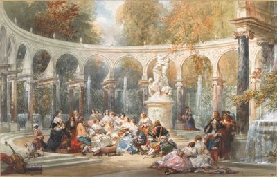Versailles bahçesindeki Bosquet de la Colonnade'deki sosyete. by Eugene Louis Lami