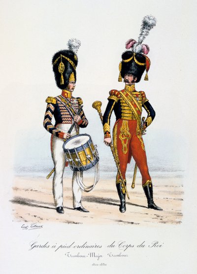 Kral Kolordusunun Sıradan Ayak Muhafızları, Davul Binbaşı ve Davulcu, 1822-30 by Eugene Titeux