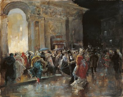 Bir Maskeli Balo Gecesinde Tiyatroya Gelmek - Lucas Villaamil, Eugenio (1858-1919) - c. 1895 - Ahşap üzerine yağlı boya - 31x40 - Museo Carmen Thyssen, Malaga by Eugenio Lucas Villaamil