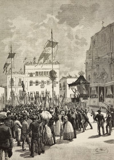 İtalya Kralı I. Umberto'nun (1844-1900) huzurunda, İtalya'nın ilk Kralı II. Victor Emmanuel II'ye (1820-1878) ait anıtın açılışı, Eugenio Maccagnani'nin (1852-1930) heykeli, Lecce, İtalya by Eugenio Maccagnani