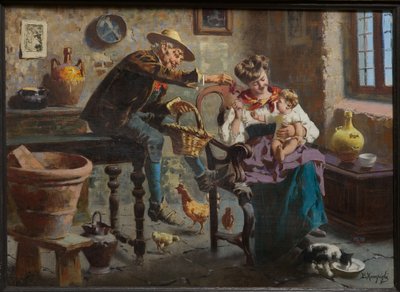 Bir Erkek, Bir Kadın ve Bir Kız Bebekle Sahne (tuval üzerine yağlı boya) by Eugenio Zampighi