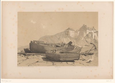 Tekneler ve balıkçı köyü ile kayalık sahil by Eugène Cicéri (attributed to)