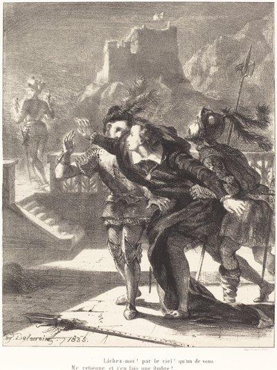 Hamlet Babasının Hayaletini Takip Etmek İstiyor (Perde I, Sahne IV) by Eugène Delacroix