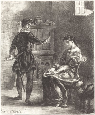 Hamlet ve Ophelia Yasası III, Sahne I, 18341843. by Eugène Delacroix
