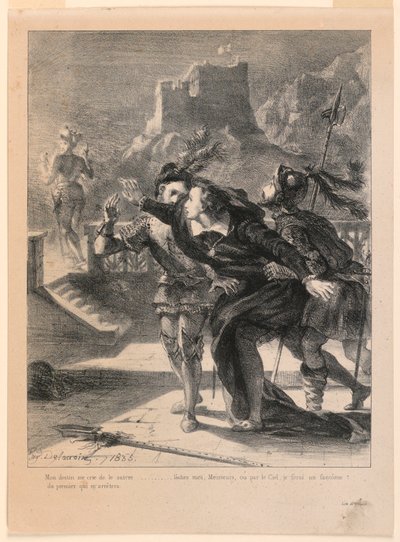 Hamlet için İllüstrasyon: Hamlet Babasının Hayaletini Takip Etmeye Çalışıyor (I,4) by Eugène Delacroix