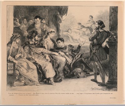 Hamlet için İllüstrasyon: Oyuncular Hamlet'in Babasının Ölümünü Temsil Eder (III,2) by Eugène Delacroix