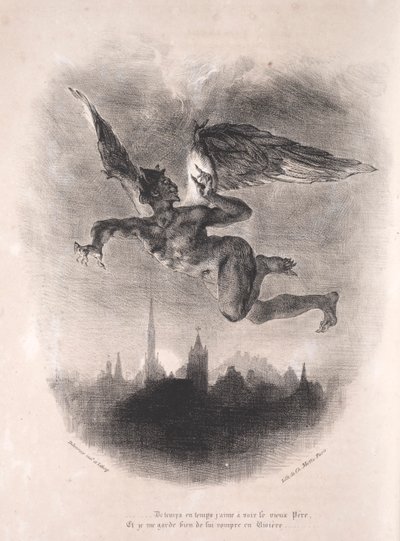 Faust için çizimler: Mefistofeles havada by Eugène Delacroix