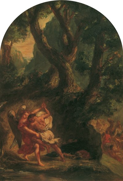 Yakup melekle güreşir by Eugène Delacroix