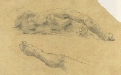 Çıplak adam uzanmış; bacağı ayrı by Eugène Delacroix