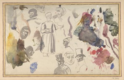 Erkek başları ve ayakta duran bir erkek figürü çalışmaları, . by Eugène Delacroix