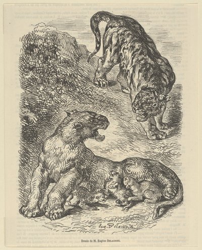 Yavrusunu emzirirken kaplanın saldırısına uğrayan kaplan, 1853., 1853. by Eugène Delacroix