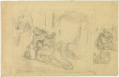 Ölen Kadın(?), Yatak Odasındaki Adam, Aynının İki Eskizi by Eugène Delacroix