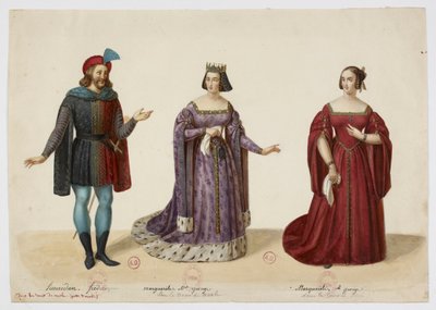 Kostümler - Frederic Lemaitre Buridan rolünde, Matmazel George Marguerite de Bourgogne rolünde (La Tour de Nesle, Eylül 1832) by Eugène Du Faget