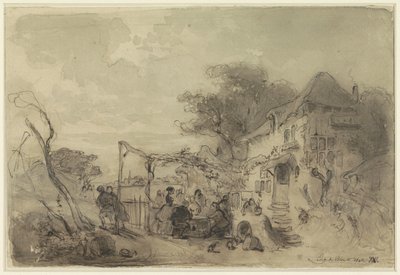 Bir yol boyunca hanın önündeki terasta şirket by Eugène François de Block
