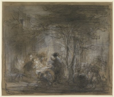 Ağaçların altında bir masanın etrafında şirket by Eugène François de Block