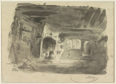 Şöminenin önünde diz çökmüş kadın ile iç by Eugène François de Block