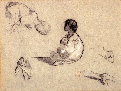 Arap Çocukları Çalışmaları (mavi kağıt üzerinde karakalem ve gövde rengi) by Eugène Fromentin