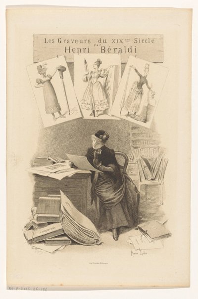 Bir masanın arkasındaki baskılara bakan kadın Başlık sayfası: Henri Béraldi, Les engravers du XIXe siècle, 1899 by Eugène Gaujean