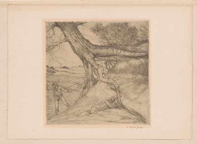Bir manzarada katlanmış elleri olan ekici ve uzanmış figür by Eugène Joors (signed by artist)