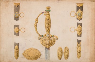 Kılıç Kabzası, Kın ve Kemer Bağlantı Parçaları için Tasarım, yakl. 1840-50. by Eugène Julienne.