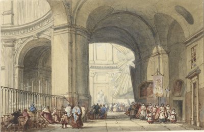 Paris'te S. Roche'un iç kısmı, ön planda bir alayı ile by Eugène Louis Lami (possibly)