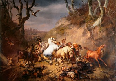 Bir grup atlıya saldıran aç kurtlar by Eugène Verboeckhoven