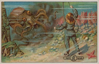 Bir ahtapot (chromolitho) tarafından tehdit edilen bir dalgıç by European School