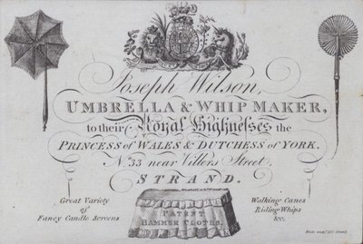 Joseph Wilson, şemsiye ve kırbaç üreticisi için reklam, Londra (gravür) by European School
