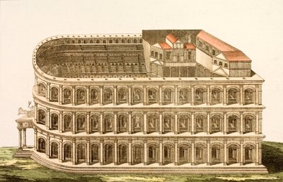MÖ 1. yüzyılın sonlarında inşa edilmiş Marcellus Antik Roma Tiyatrosu (renkli gravür) by European School