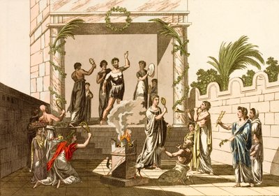 İsis Ayinlerini gerçekleştiren Antik Romalılar, Pompeii (renkli gravür) by European School