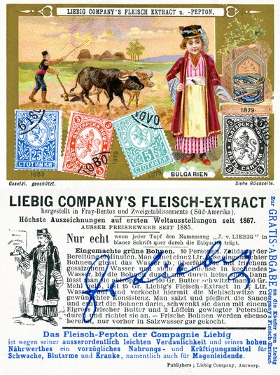 Bulgar posta pulları, bir Liebig promosyon kartının ön ve arka yüzü, 1897 by European School