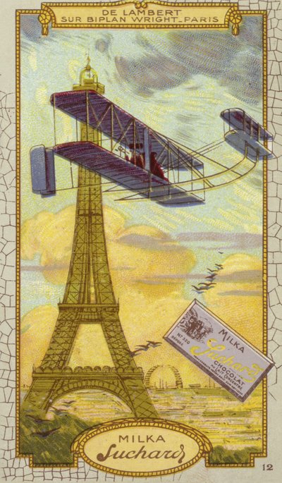 Charles de Lambert Wright çift kanatlı uçağında, Paris (kromolito) by European School