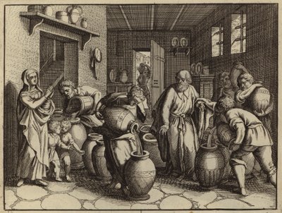 Elişa, peygamberin dul eşinin borçlarını hafifletmek için yağı çoğaltıyor (gravür) by European School