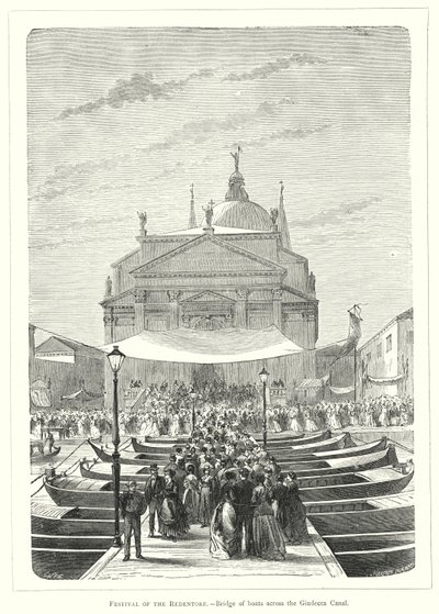 Redentore Festivali, Giudecca Kanalı boyunca tekneler köprüsü (gravür) by European School