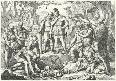 Germanicus, Publius Quinctilius Varus tarafından komuta edilen üç Roma lejyonunun askerlerinin kemiklerini gömerken, MÖ 9
