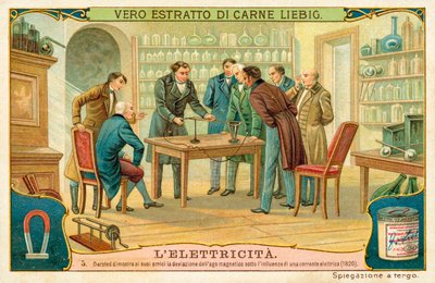 Hans Christian Oersted, arkadaşlarına bir elektrik akımının etkisi altında manyetik iğnenin sapmasını gösteriyor, 1820 by European School