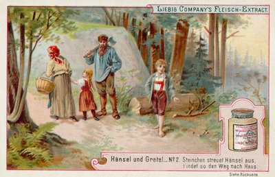 Hansel ve Gretel: Hansel eve dönüş yolunu bulmak için bir çakıl izi bırakıyor (chromolitho) by European School