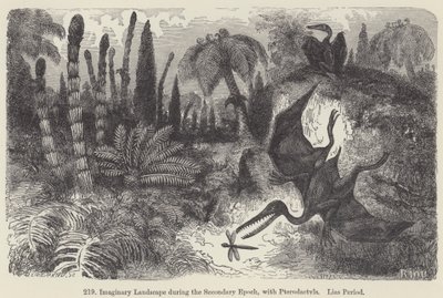 Pterodactyls ile İkincil Dönemde Hayali Manzara, Lias Dönemi (gravür) by European School