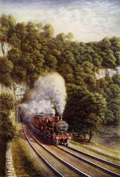 Midland Demiryolu üzerinde Yorkshire Dales (renkli lito) boyunca seyahat eden Midland Scotch ekspres treni by European School