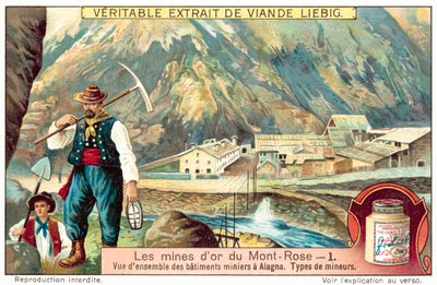Monte Rosa altın madenlerindeki madenciler ve maden binaları, İtalya (chromolitho) by European School