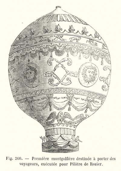 Yolcuları taşımak için tasarlanan ilk sıcak hava balonu, Pilatre de Rozier için yapıldı (gravür) by European School