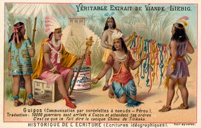 Quipus, düğümlü teller kullanan iletişim sistemi, Peru (chromolitho) by European School
