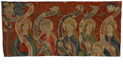 Yüce Allah'ı ve altı kutsal kadını tasvir eden, muhtemelen bir antependium'dan, 15. yüzyıl sonu duvar halısı parçası (yün) by European School