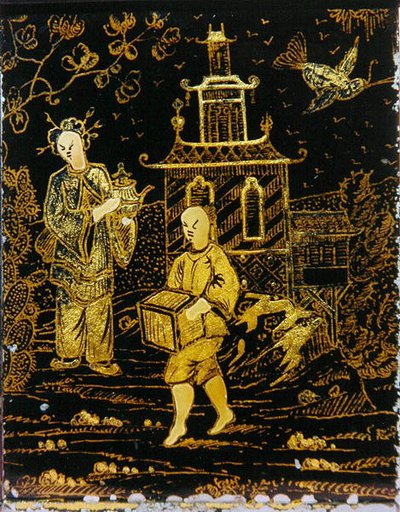 Bir hamal ve bir çaydanlık taşıyan bir bayanı tasvir eden Çin usulü Çay Caddy (metal) by European School