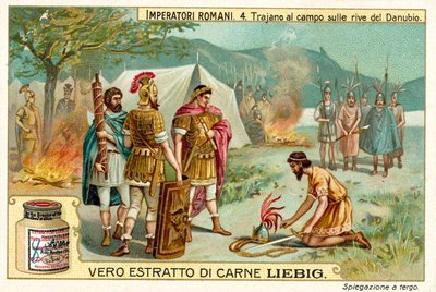 Roma İmparatoru Trajan Tuna (chromolitho) kıyısında kamp kurdu. by European School