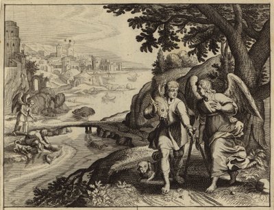 Tobias, Meleğin emrettiği gibi bir balığın bağırsaklarını çıkarıyor (gravür) by European School