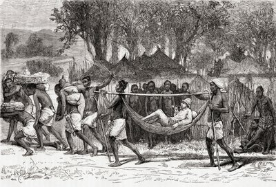 Verney Lovett Cameron, Oulonnda köyüne varıyor, Afrika, 1878 (ahşap gravür) by European School